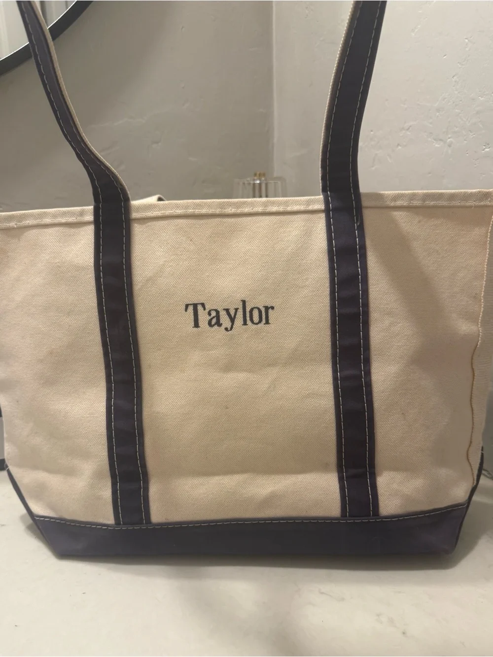 LL Bean Boat & Tote Canvas Bag Ivory Blue Size Medium Made in USA Taylor